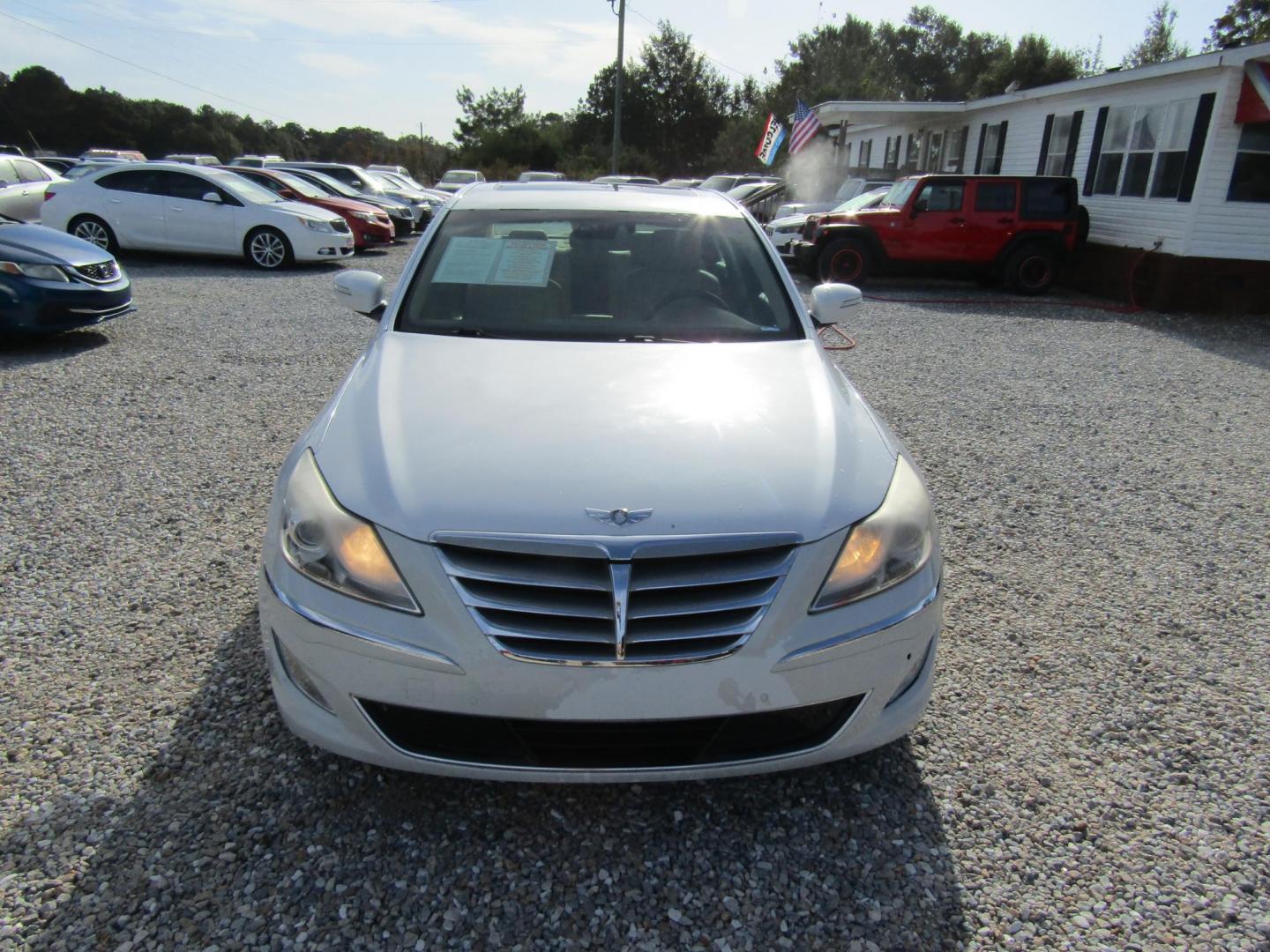 2012 WHITE /Tan Hyundai Genesis 3.8L (KMHGC4DD5CU) with an 3.8L V6 DOHC 24V engine, Automatic transmission, located at 15016 S Hwy 231, Midland City, AL, 36350, (334) 983-3001, 31.306210, -85.495277 - Photo#1